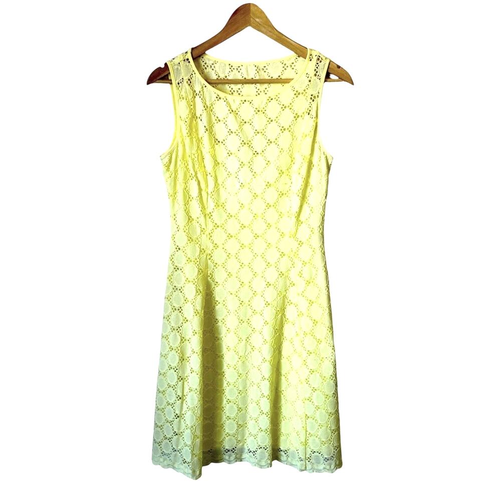 Butter Yellow Lace Dress Women's Size 8 Eyelet Sleeveless Midi A-Line Stretch